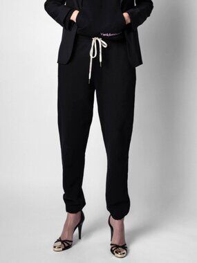 NWT $248 Zadig & Voltaire Steevy Black Logo Print Banded Track Jogger Pants S